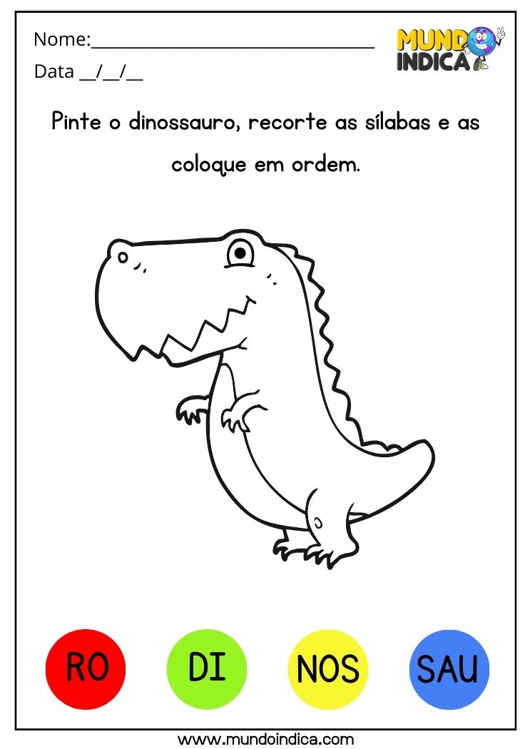 Atividade para alunos com autismo pinte o dinossauro e separe as sílabas para imprimir