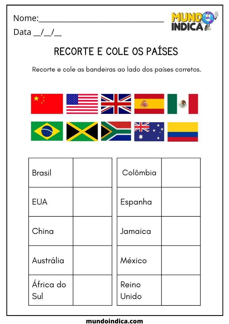 Atividade para autismo de recorte e colagem das bandeiras dos países para imprimir