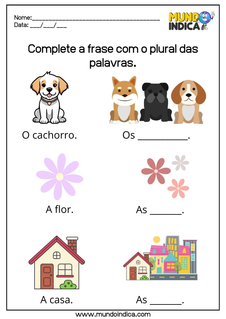 Tarefa de português para educação infantil para completar a frase com o plural das palavras