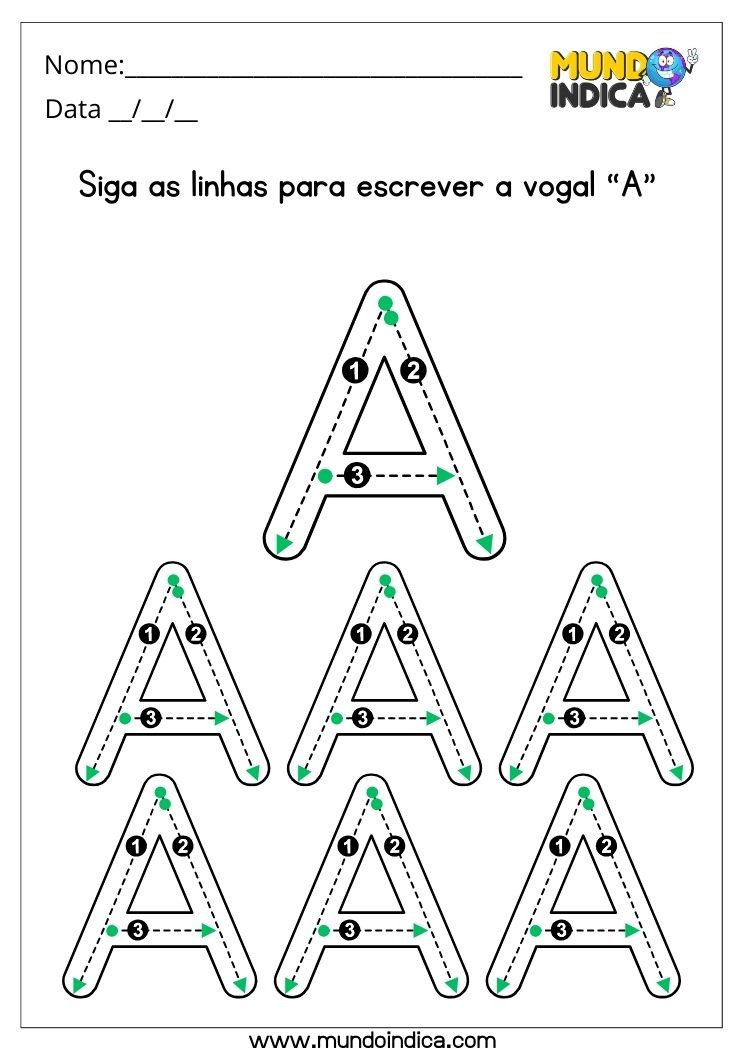 Atividade com a Vogal A para seguir as linhas para escrever corretamente a letra A para imprimir