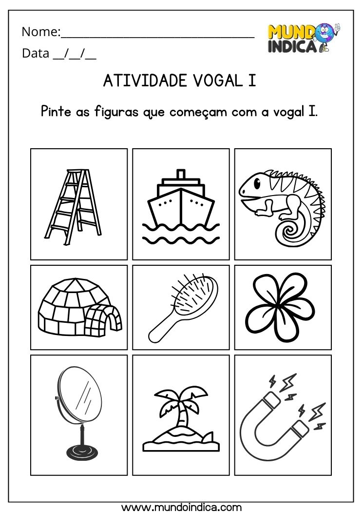 Atividade com a Vogal I pinte as figuras que começam com a letra i para imprimir