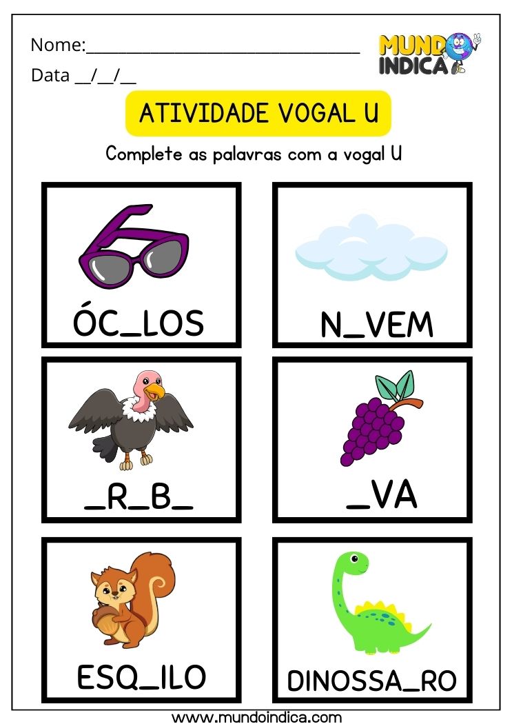 Atividade com a Vogal U complete palavras com a letra U para imprimir