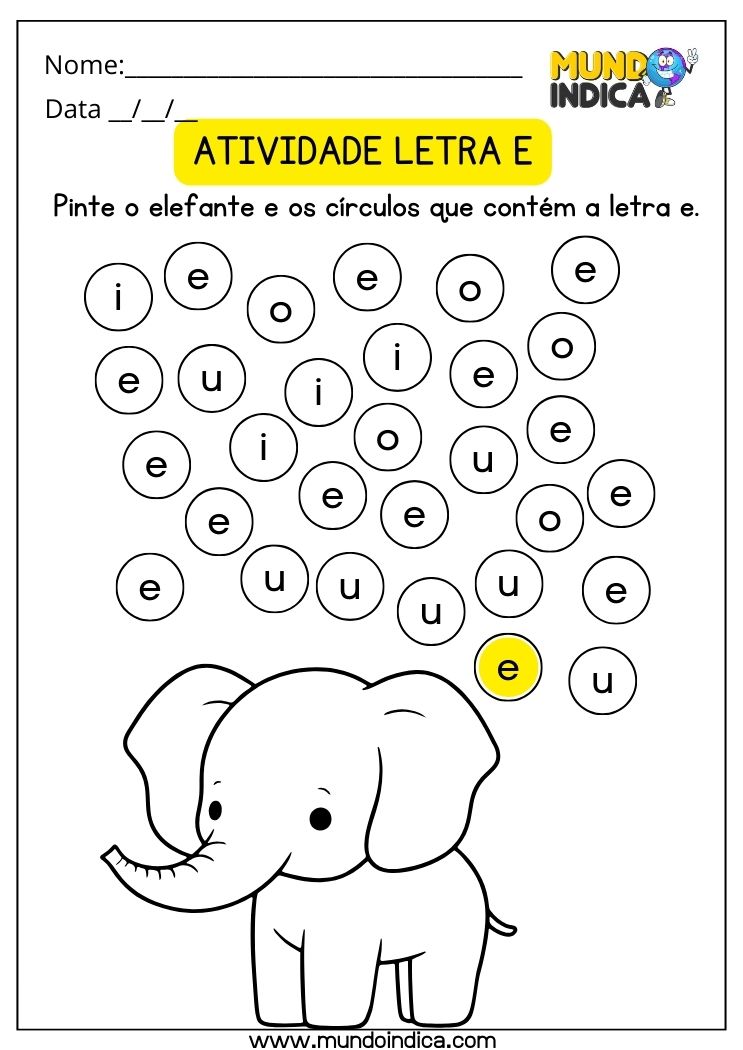 Atividade com a vogal E pinte o elefante e os círculos com a letra E para imprimir