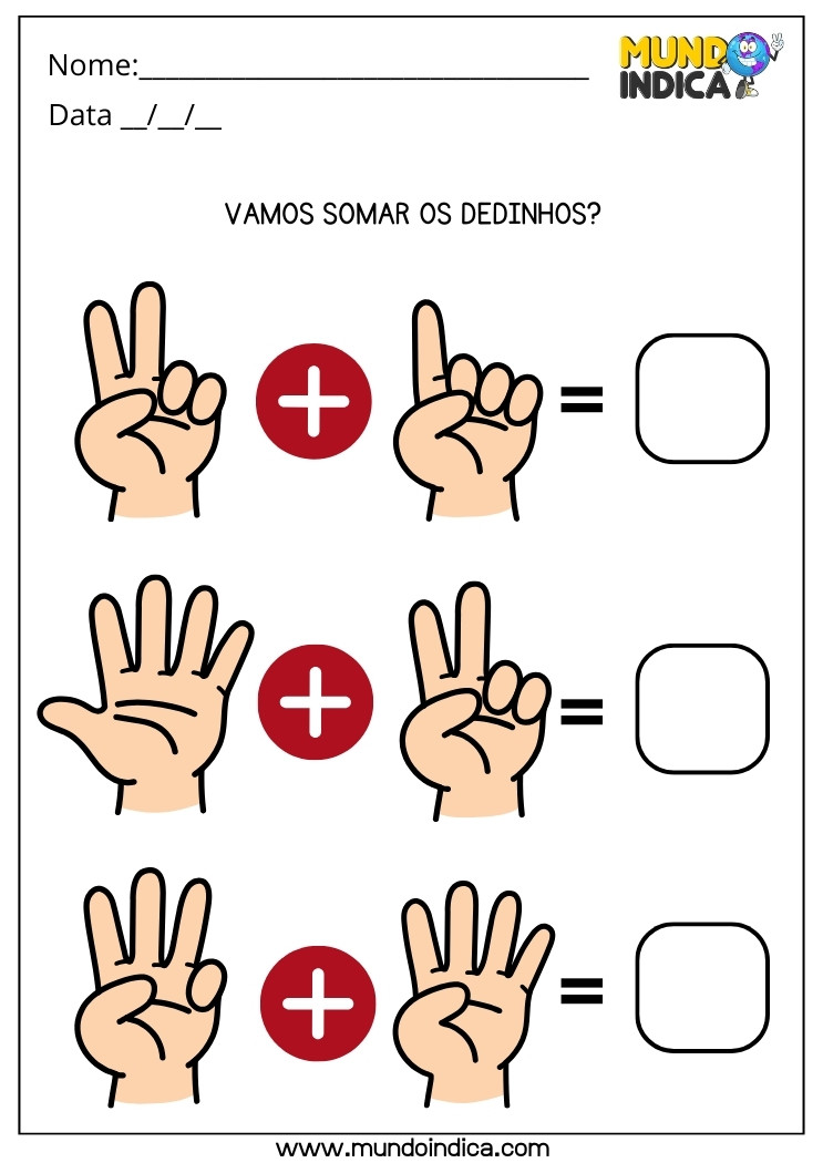 Atividade de Matemática Adição com Dedinhos para Autismo 2 anos para Imprimir