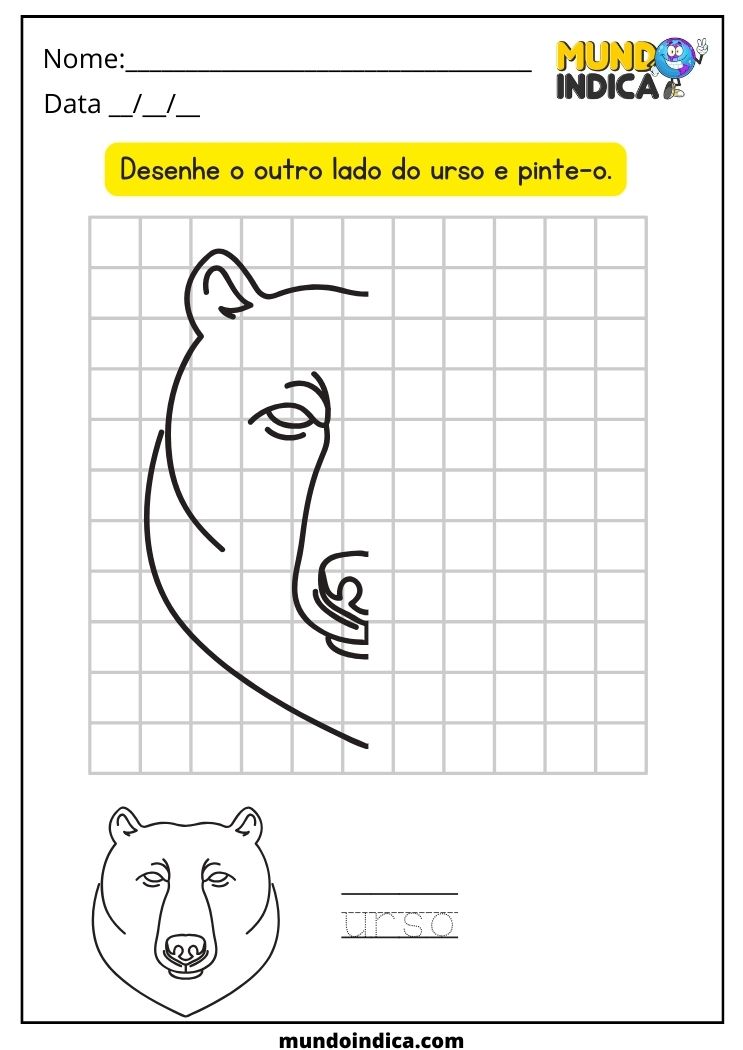Atividade de Simetria para Desenhar e Pintar o Outro Lado do Urso para Alunos com Síndrome de Down para Imprimir