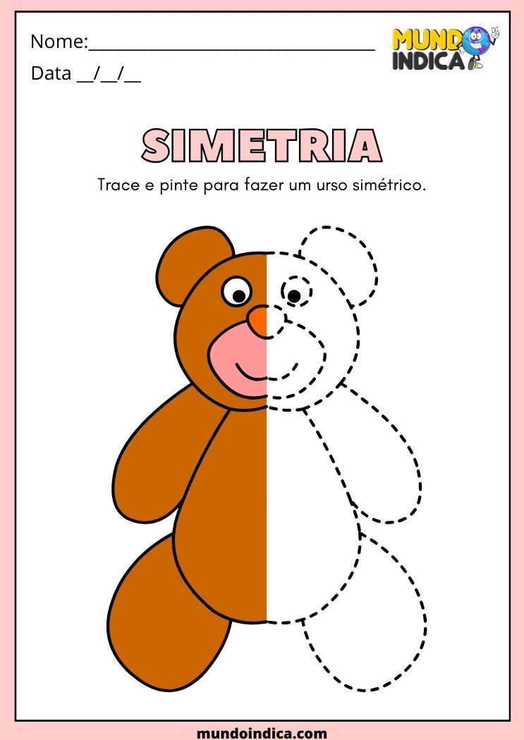 Atividade de Simetria para Traçar e Colorir o Urso Simétrico para Alunos com Síndrome de Down para Imprimir