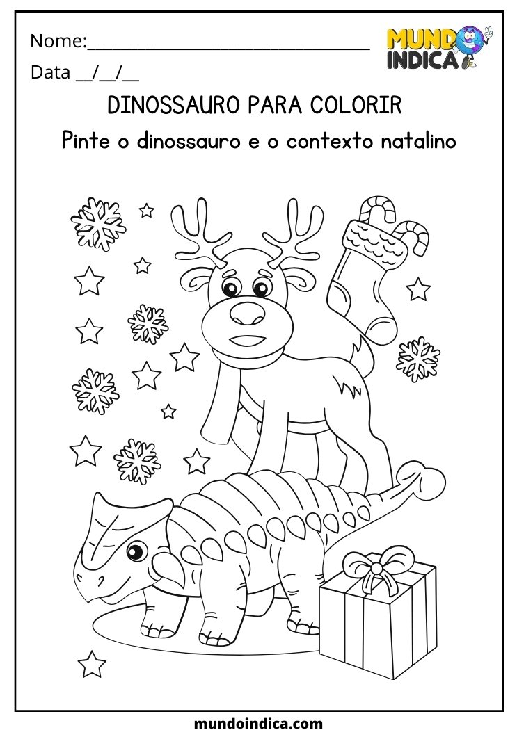 Atividade de natal com dinossauro e rena para colorir para educação infantil