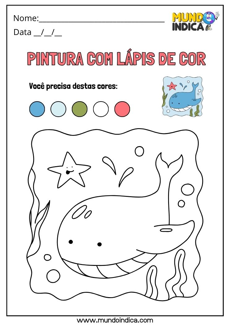Atividade de pintura dirigida da baleia com lápis de cor para educação infantil para imprimir