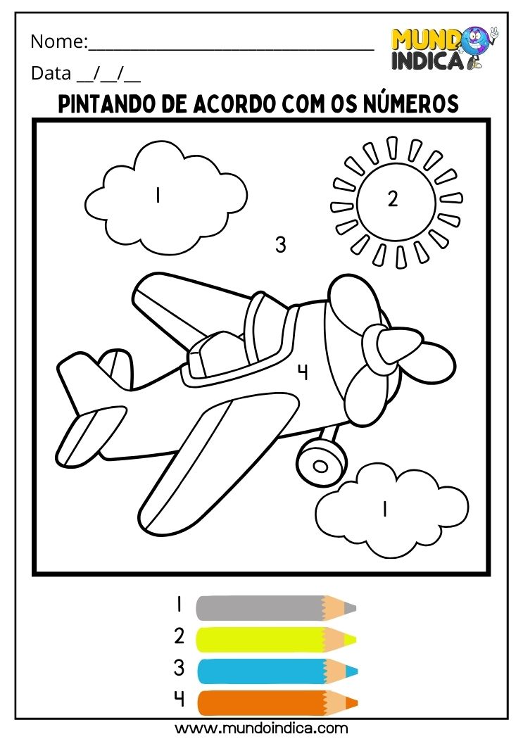 Atividade de pintura para educação infantil pinte o avião de acordo com os números para imprimir