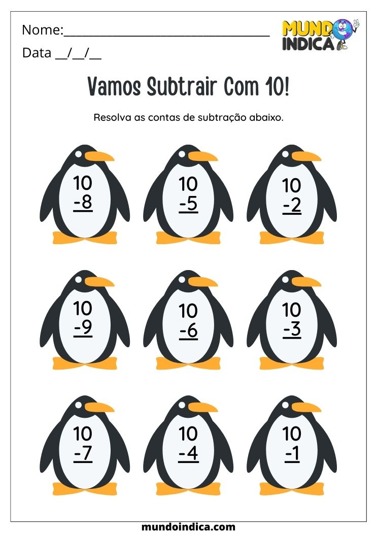 Atividade de subtração 2º ano com pinguins para imprimir
