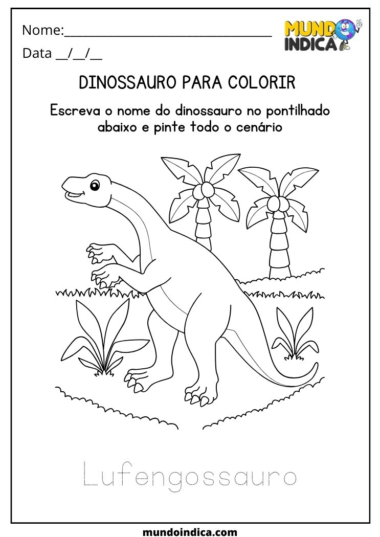 Atividade infantil com o dinossauro Lufengossauro para colorir e imprimir