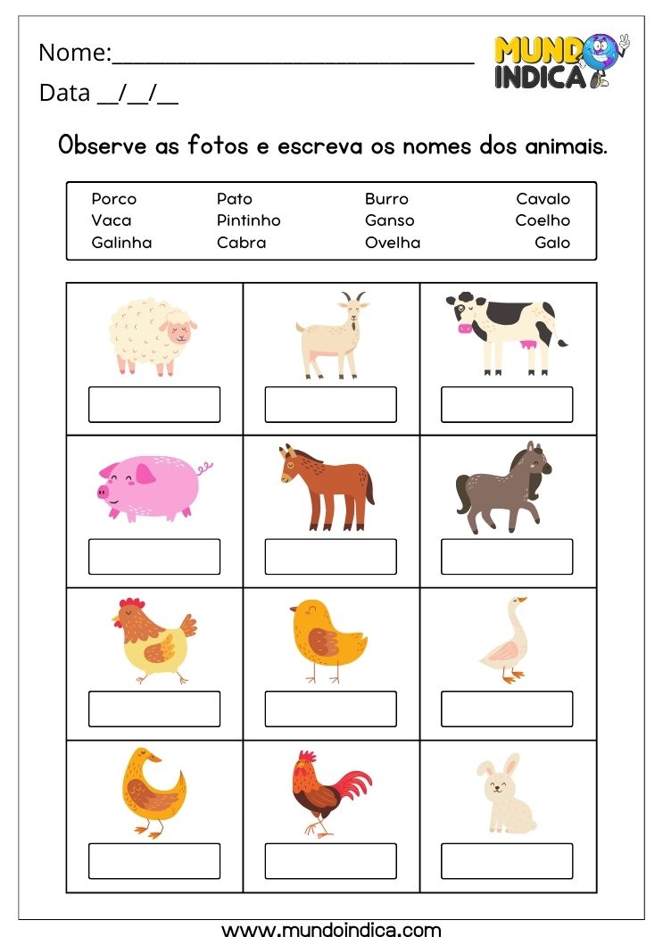 Atividade para Autismo 10 anos escreva o nome dos animais conforme as imagens para imprimir