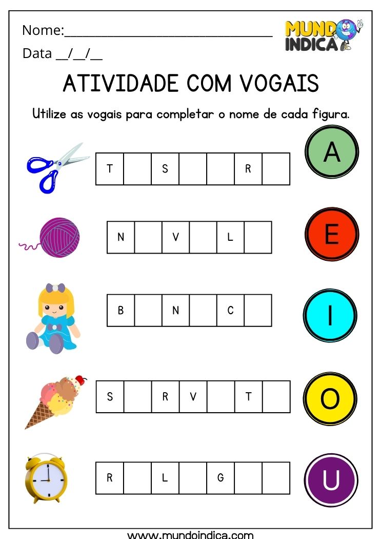 Atividade para Autismo 9 anos complete o nome das figuras com vogais para imprimir