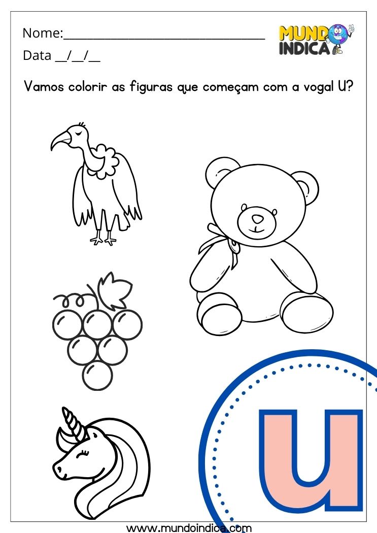 Atividade para colorir as figuras que começam com a Vogal U para imprimir