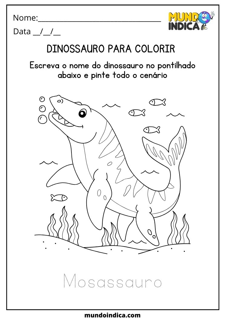 Atividade para colorir o desenho do dinossauro Mosassauro para educação infantil