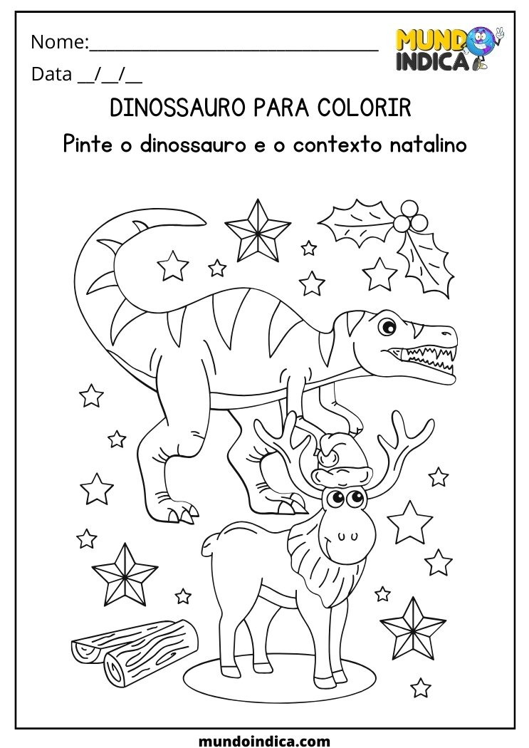 Atividade para colorir o dinossauro e a rena no natal para imprimir