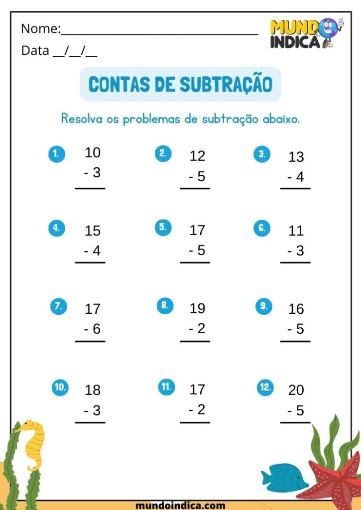 15 Atividades de Subtração para Imprimir