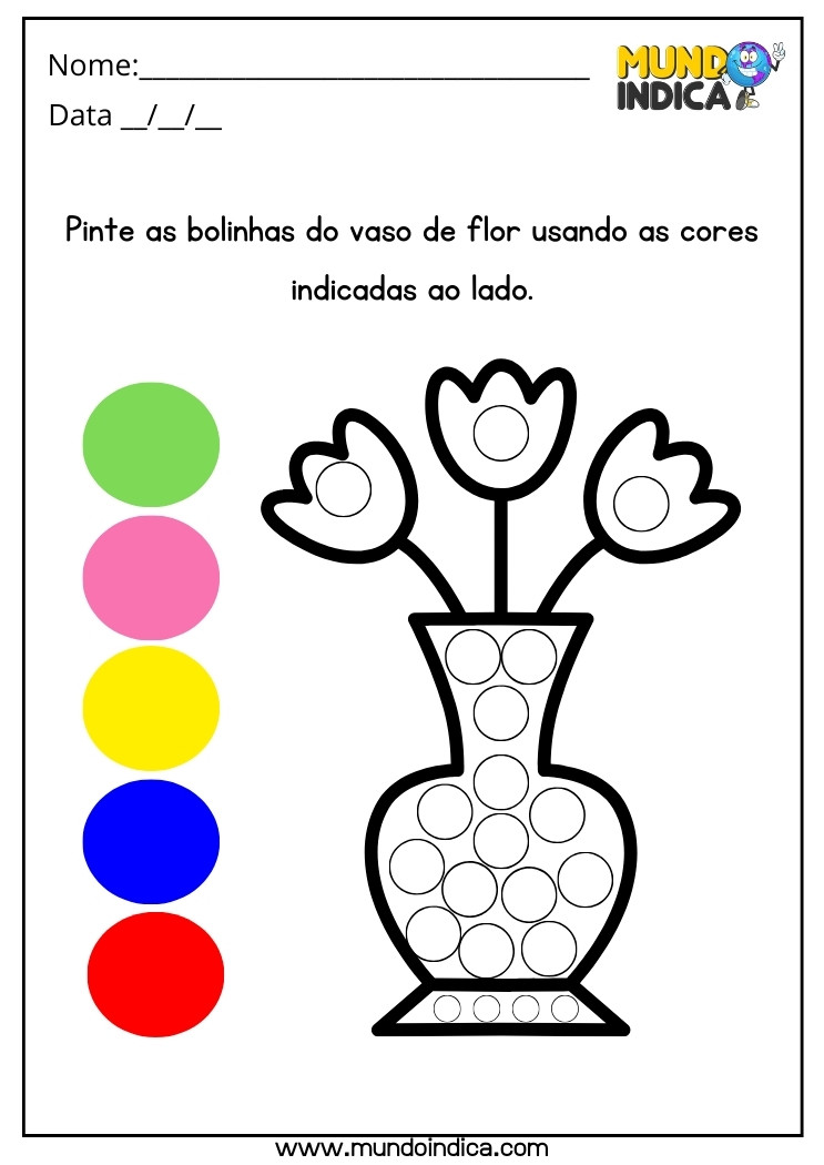 Atividade Adaptada para Educação Especial Pinte as Bolinhas do Vaso de Flor Usando as Cores Indicadas para Imprimir