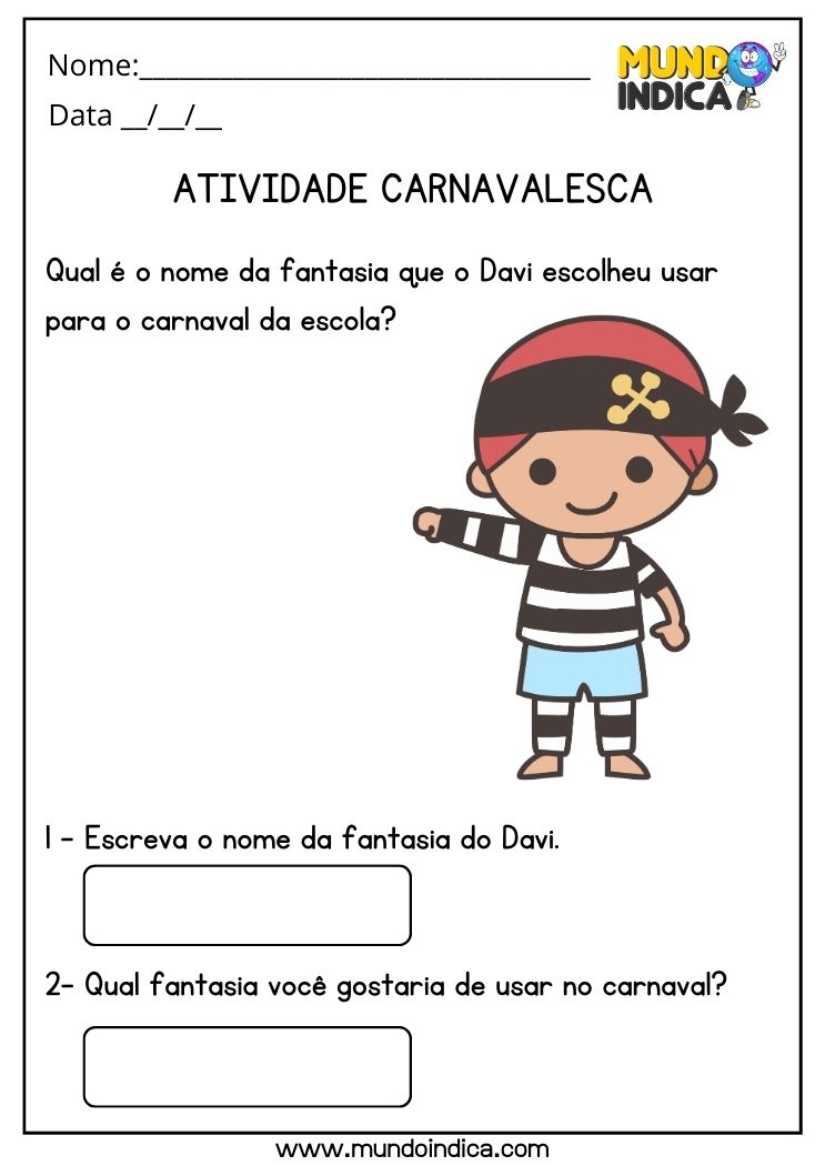 Atividade Carnavalesca para Educação Infantil Escreva o Nome da Fantasia do Davi para Imprimir