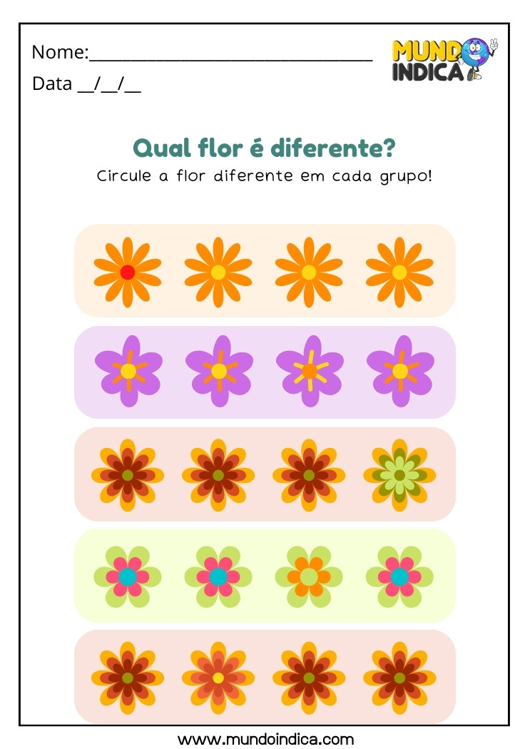 Atividade Encontre a Flor Diferente em cada Grupo para Educação Infantil para Imprimir