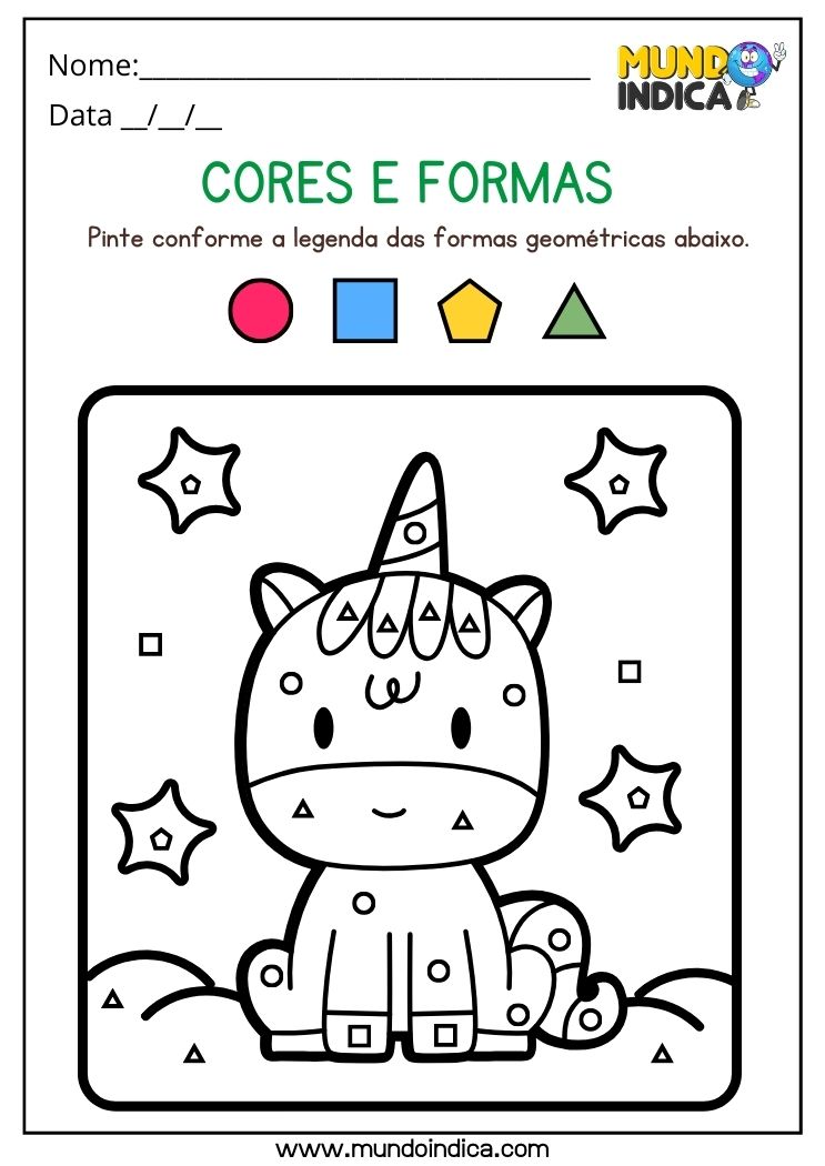 Atividade com Cores e Formas Geométricas para Colorir o Unicórnio na Educação Infantil para Imprimir