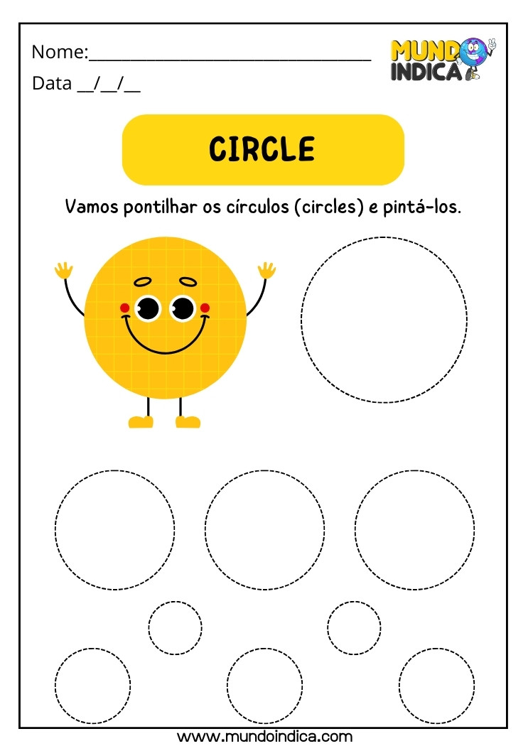 Atividade com Formas Geométricas em Inglês Circle para Autista Pontilhe os Círculos e Pinte-os para Imprimir