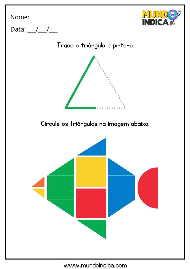 Atividade com Formas Geométricas para Alunos com Deficiência Intelectual Trace Pinte e Circule os Triângulos do Peixe para Imprimir