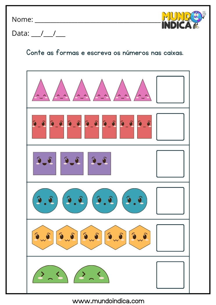 Atividade com Formas Geométricas para Deficiência Intelectual Conte as Formas e Escreva os Números nas Caixas ao Lado das Figuras para Imprimir
