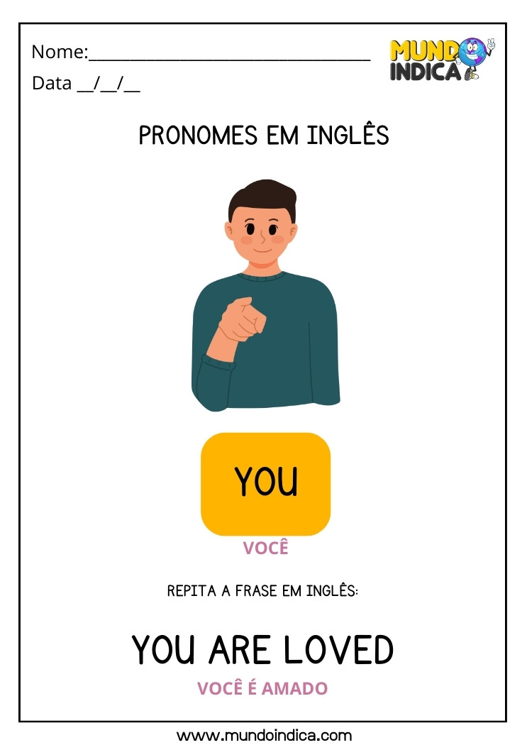 Atividade com Pronomes em Inglês para Autista para Imprimir