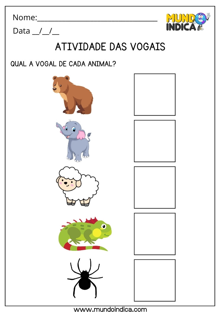 Atividade das vogais com animais para educação infantil 3 ano para imprimir
