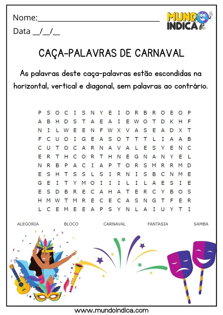 Atividade de Caça-Palavras de Carnaval para Educação Infantil para Imprimir