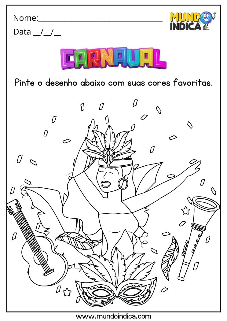 Atividade de Carnaval para Colorir o Desenho para Educação Infantil para Imprimir