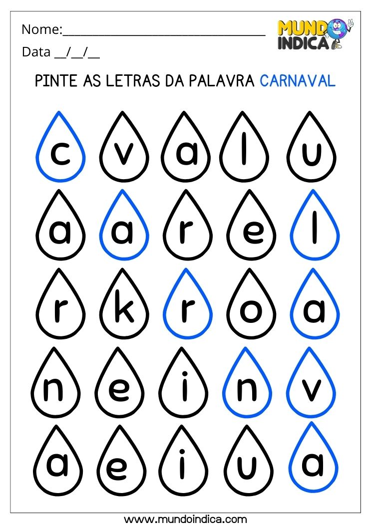 Atividade de Carnaval para Educação Infantil Pinte as Gotas com as Letras da Palavra Carnaval para Imprimir