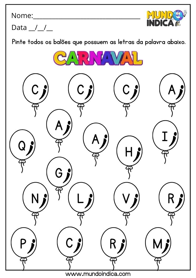 Atividade de Carnaval para Educação Infantil Pinte os Balões com as Letras da Palavra Carnaval para Imprimir