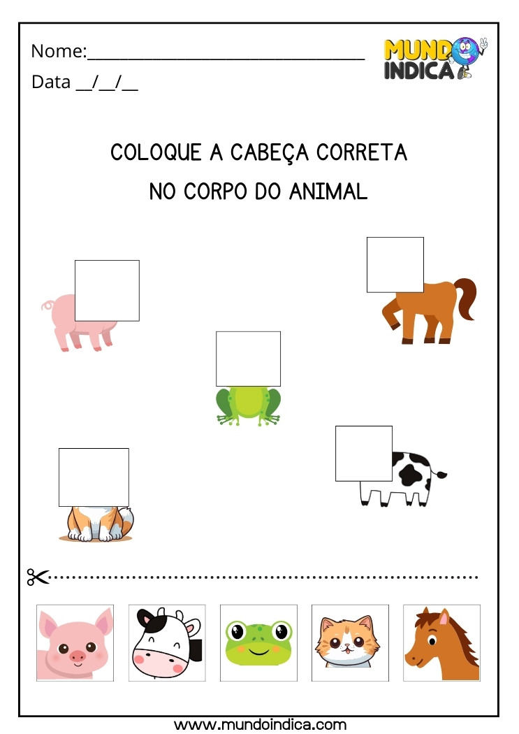 Atividade de Ciências para Autista Coloque a Cabeça Correta no Corpo do Animal para Imprimir