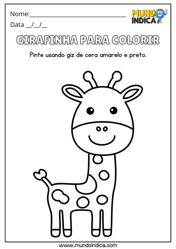 Atividade de Desenho da Girafinha para Colorir Usando Giz de Cera Amarelo e Preto para Educação Infantil para Imprimir