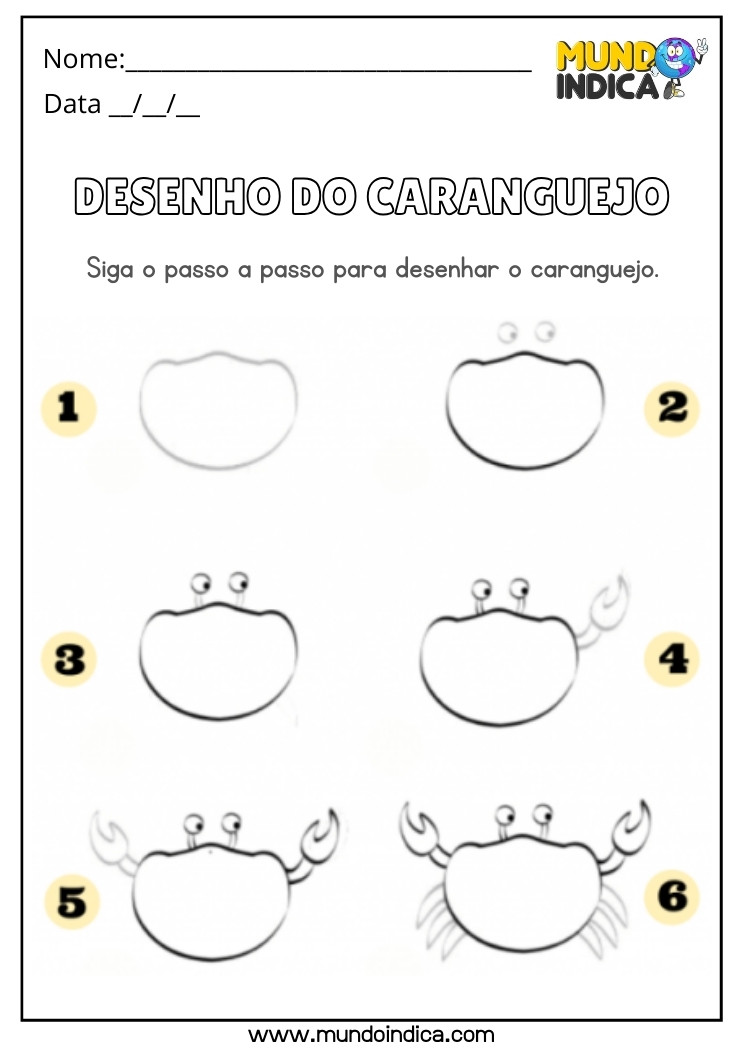 Atividade de Desenho do Caranguejo em 6 Passos para Educação Infantil para Imprimir