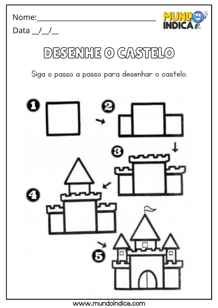 Atividade de Desenho do Castelo em 5 Passos para Educação Infantil para Imprimir