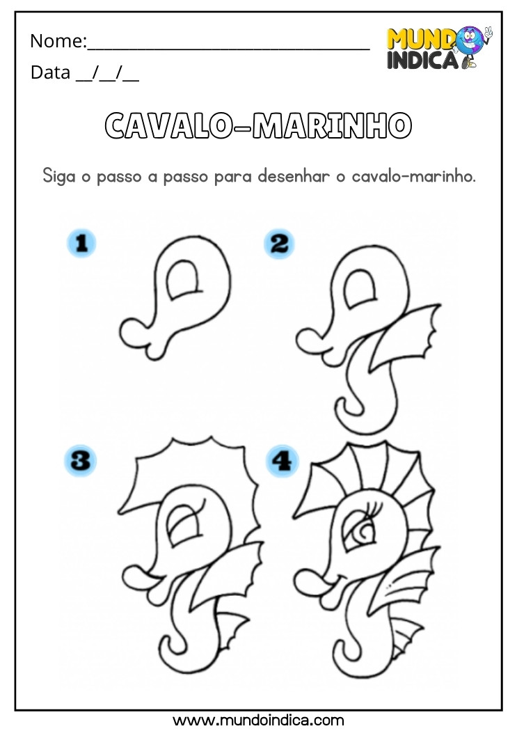 Atividade de Desenho do Cavalo Marinho em 4 Passos para Educação Infantil para Imprimir
