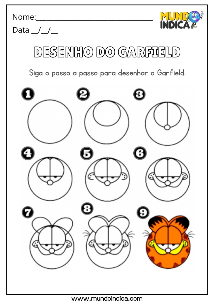 Atividade de Desenho do Garfield em 9 Passos para Educação Infantil para Imprimir