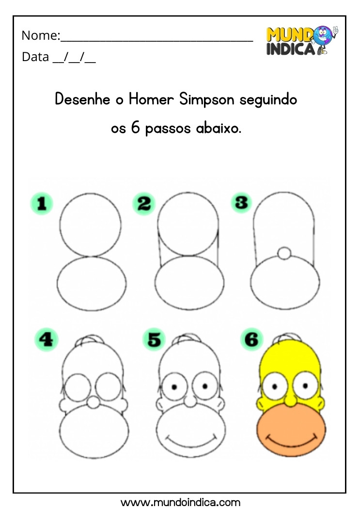 Atividade de Desenho do Homer Simpson em 6 passos para Alunos com Síndrome de Down para Imprimir