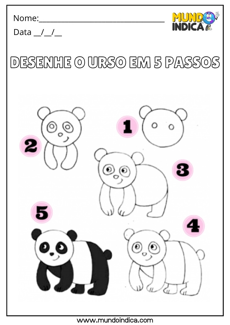 Atividade de Desenho do Urso Panda em 5 Passos para Educação Infantil para Imprimir