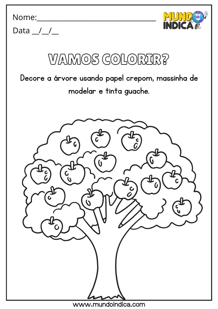 Atividade de Desenho para Colorir e Decorar a Árvore com Massinha de Modelar Tinta Guache e Papel Crepom para Educação Infantil para Imprimir