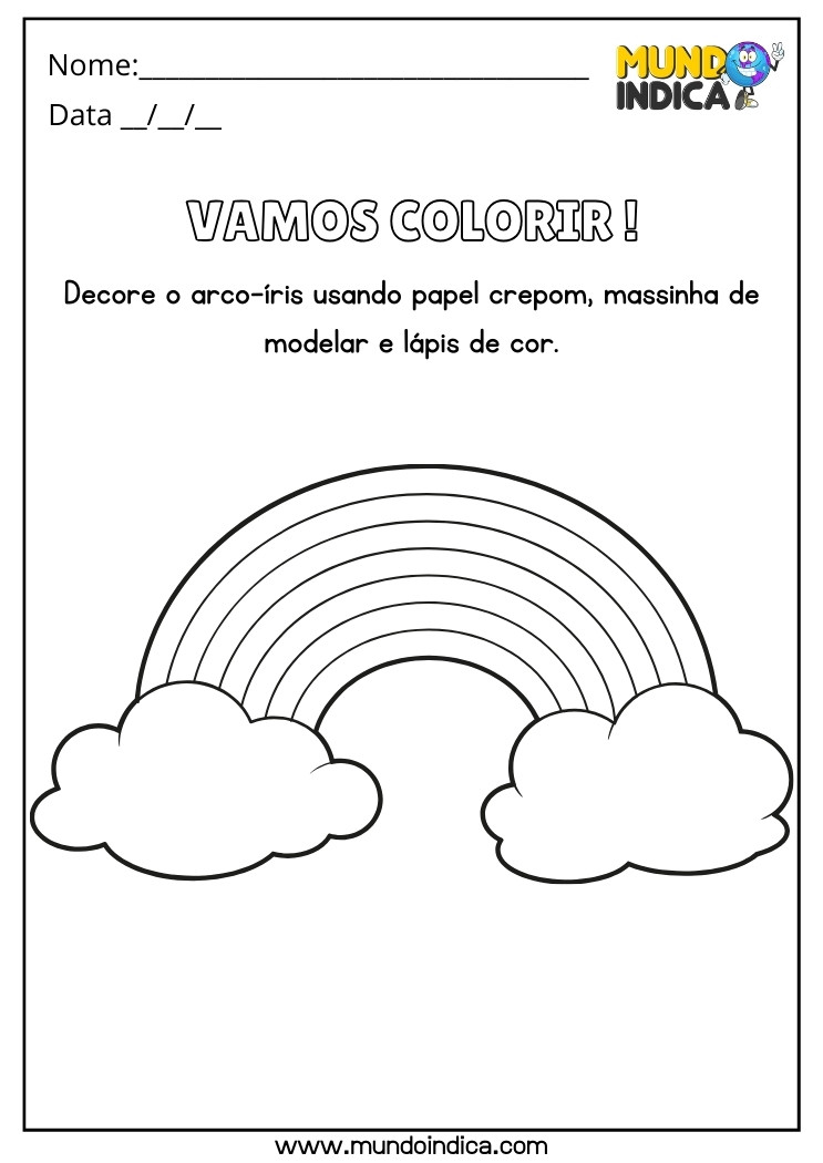 Atividade de Desenho para Colorir e Decorar o Arco-iris Usando Papel Crepom Massinha de Modelar e Lápis de Cor para Educação Infantil 