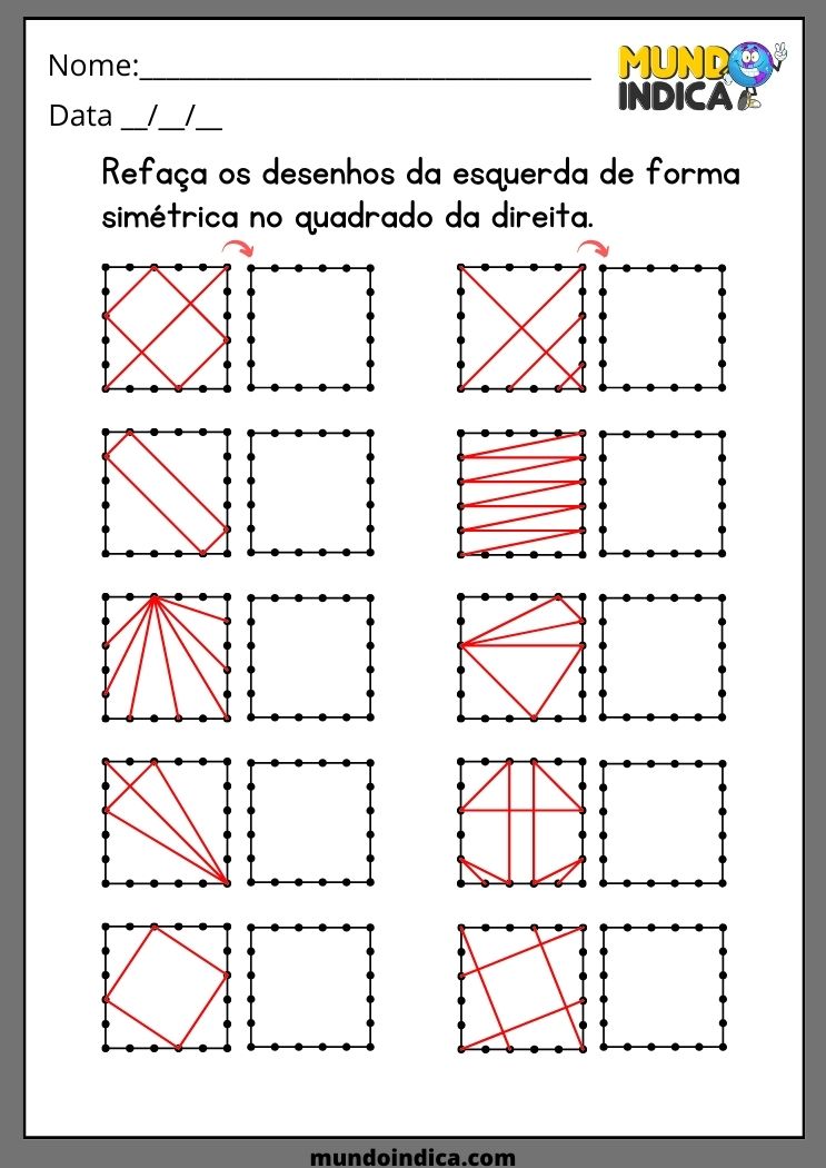 Atividade de Desenho para Educação Infantil Refaça os Desenhos da Esquerda de Forma Simétrica no Quadrado da Direita para Imprimir