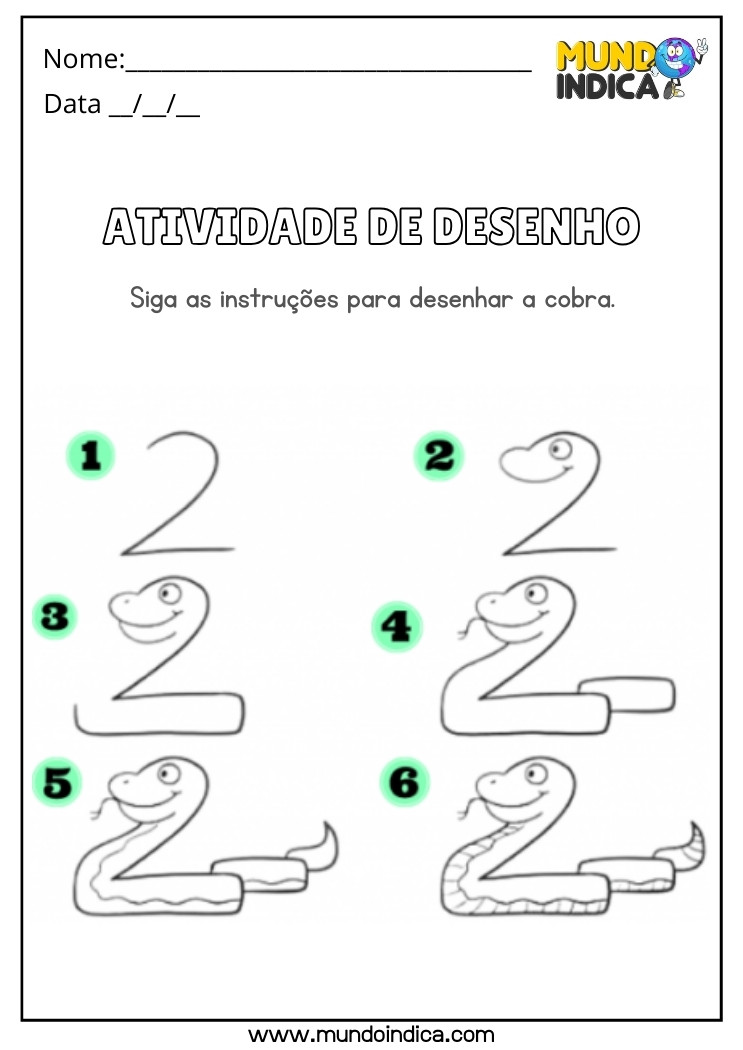 Atividade de Desenho para Educação Infantil Siga as Instruções para Desenhar a Cobra para Imprimir