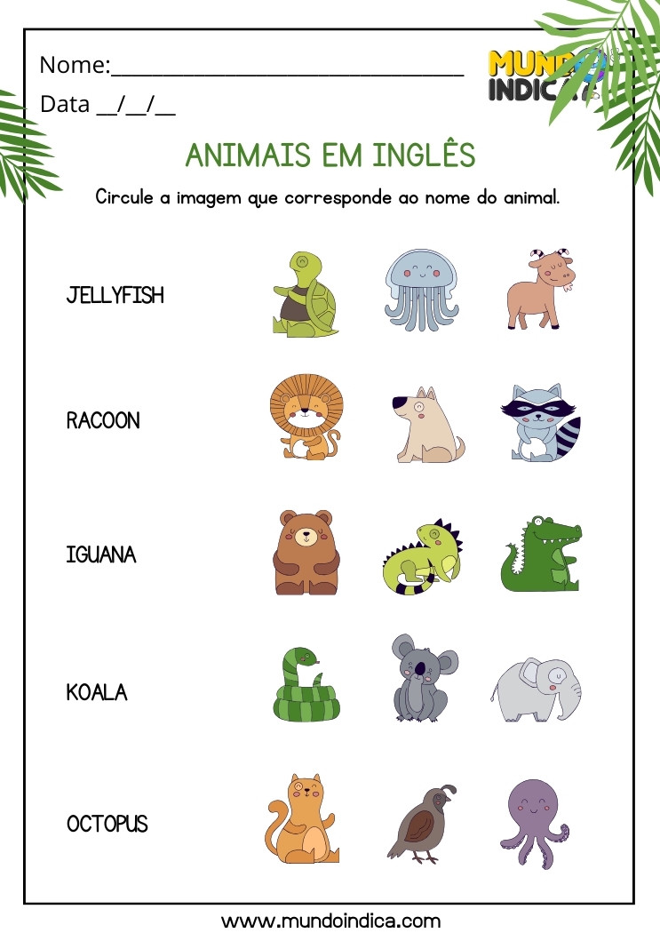 Atividade de Inglês com Animais para Autista para Imprimir