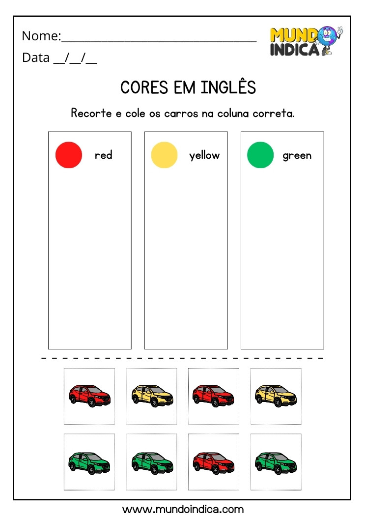 Atividade com Cores em Inglês Recorte e Cole os Carros nas Colunas Corretas para Imprimir