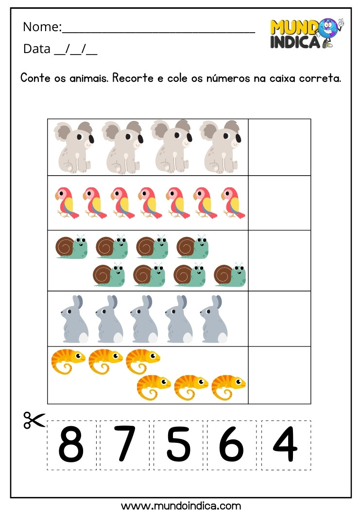 Atividade de Pareamento para Autismo Conte os Animais Recorte e Cole os Números na Caixa Correta para Imprimir