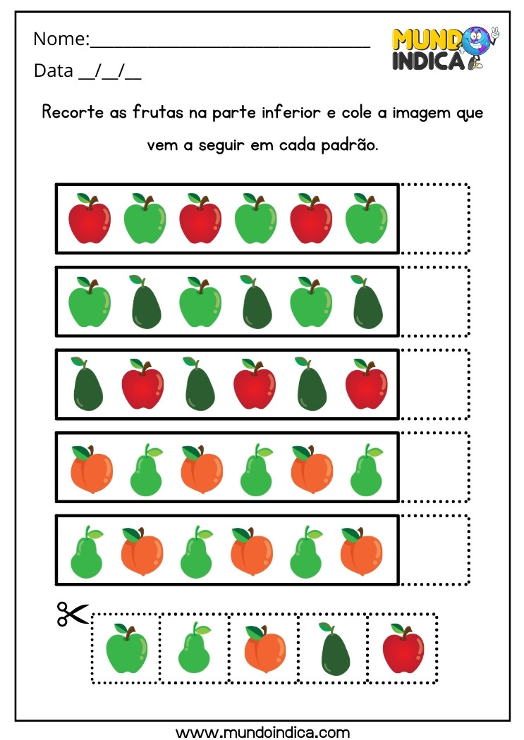 Atividade de Pareamento para Autismo Recorte as Frutas na Parte Inferior e Cole a Imagem Seguindo o Padrão para Imprimir